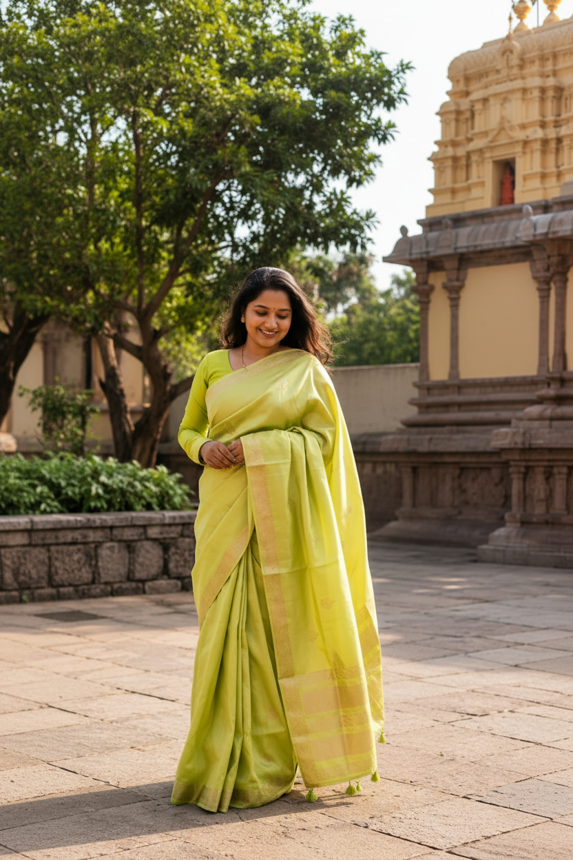 A woman wearing a light yellow-green silk saree with a gold border stands outdoors in front of a stone building and trees.