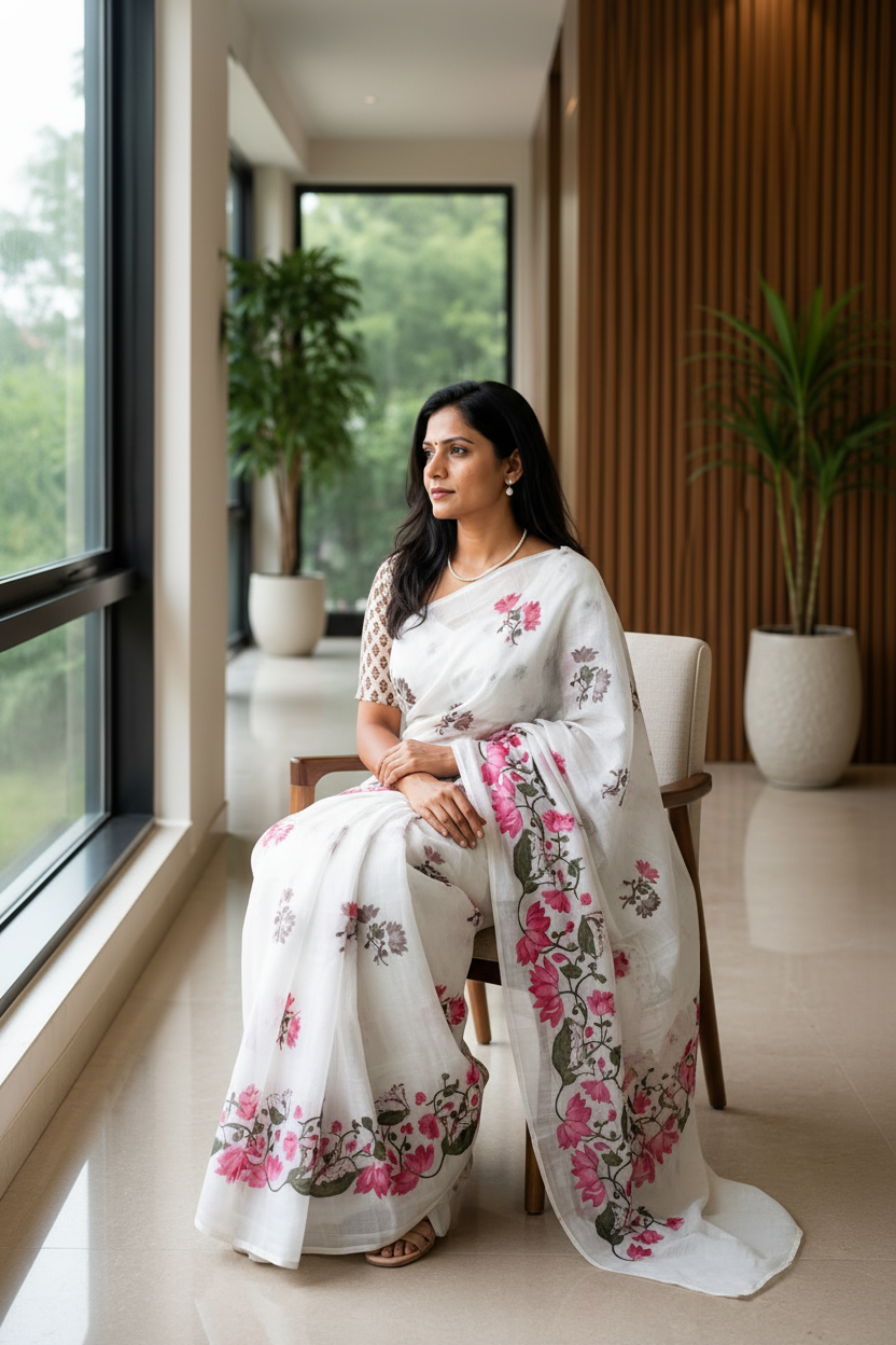 Woman wearing a white saree with floral patterns in a modern indoor setting