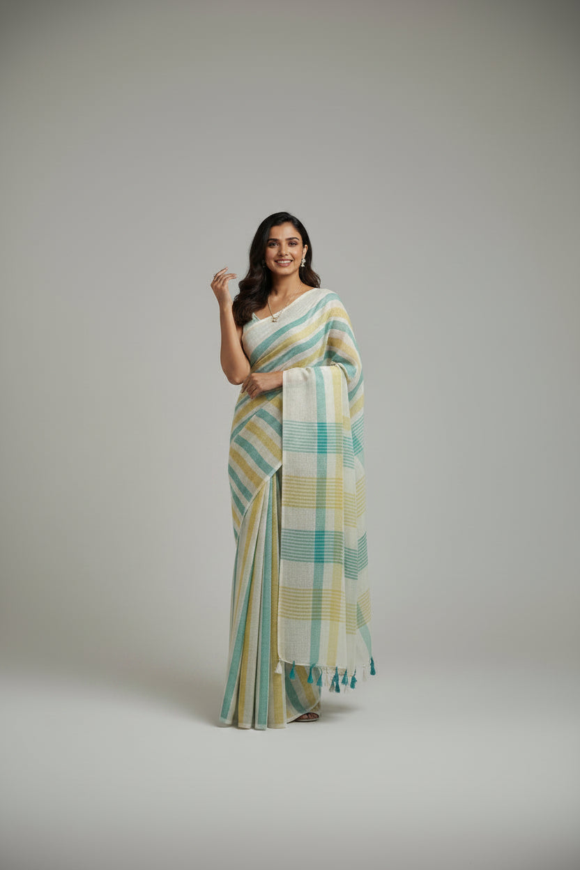 Woman wearing a striped saree on a plain background