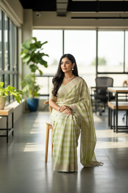 Woman in a light green saree standing in an indoor setting with large windows.