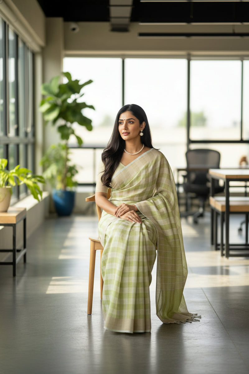 Woman in a light green saree standing in an indoor setting with large windows.