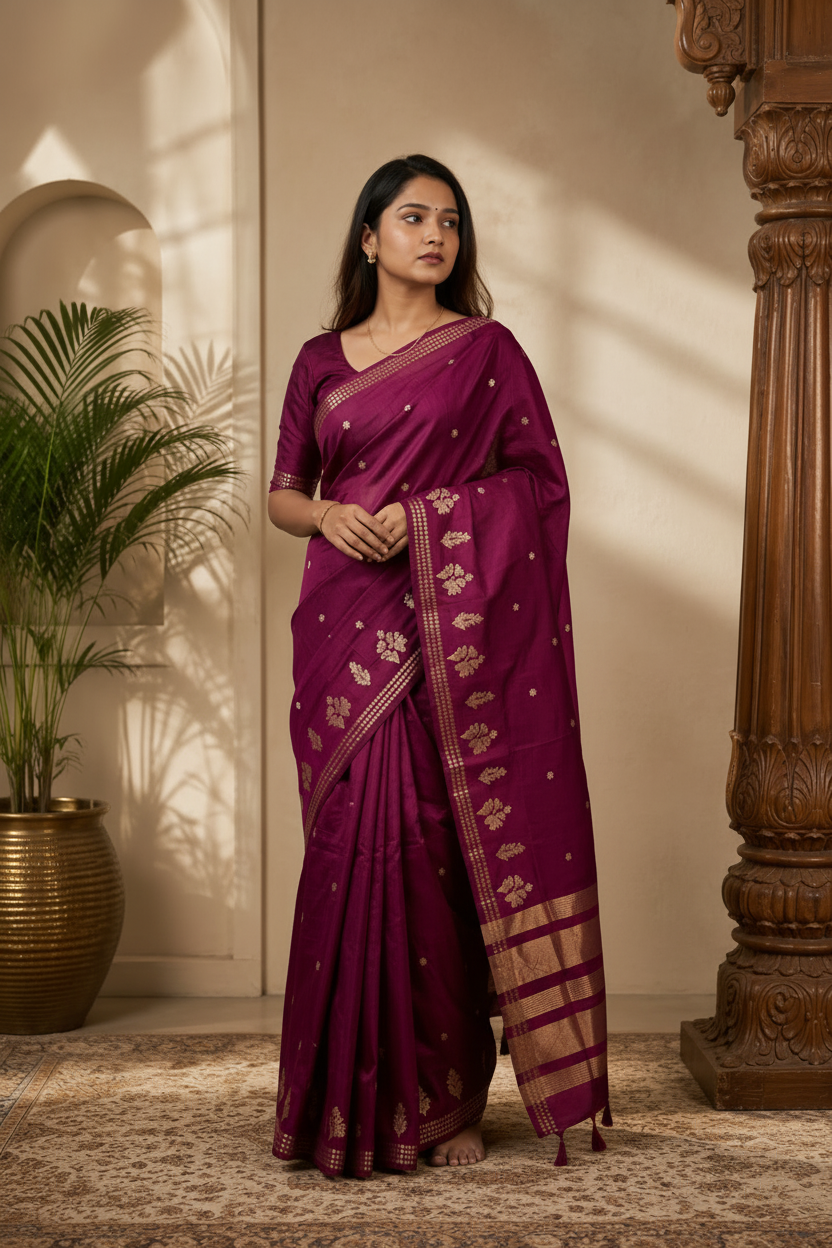 Woman in a purple saree standing in a room with a plant and wooden pillar.