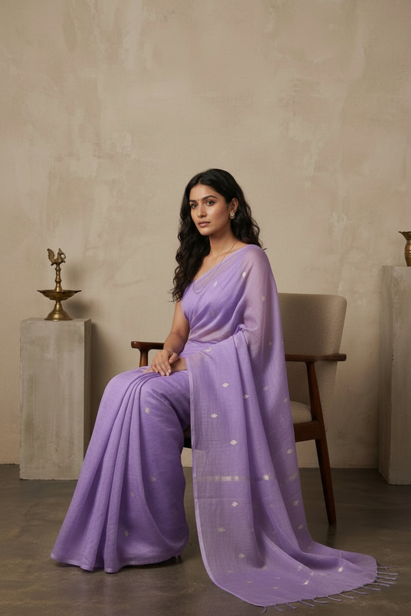 Woman wearing a lavender saree with a plain background
