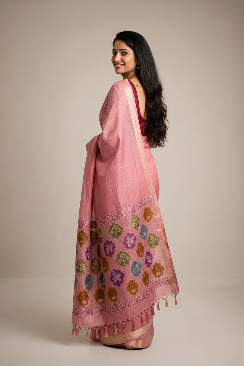 Woman wearing a pink saree with a floral pattern on a beige background
