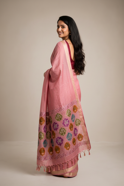 Woman wearing a pink saree with a floral pattern on a beige background