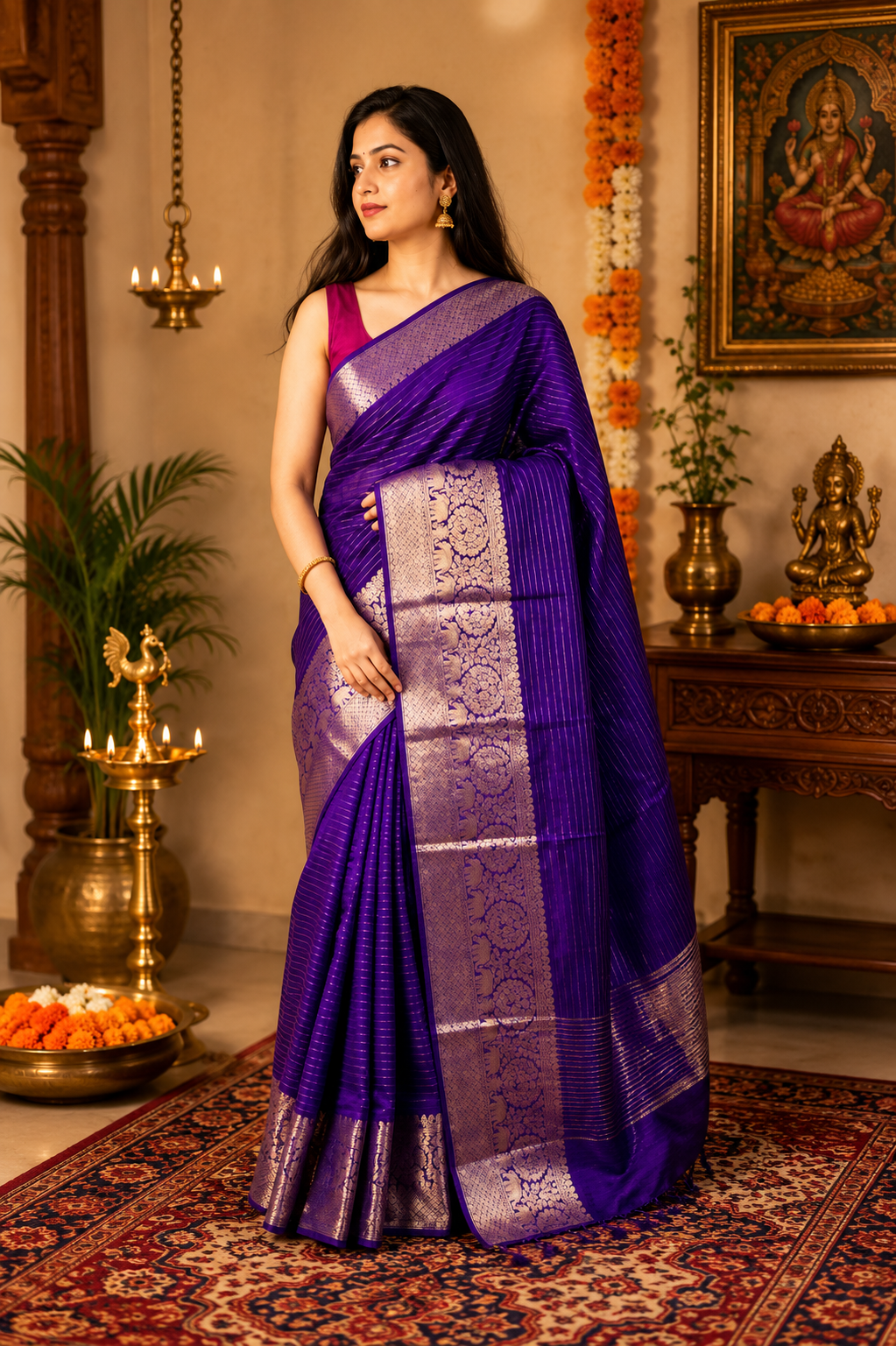 Woman in a purple saree standing in a decorated room with religious artwork.