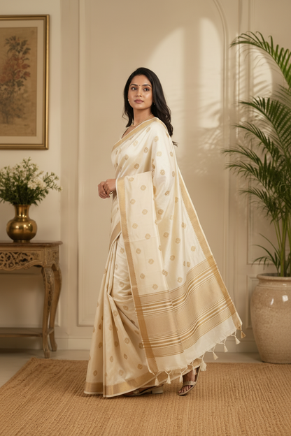 Woman in a beige saree standing in a room with plants and a painting.