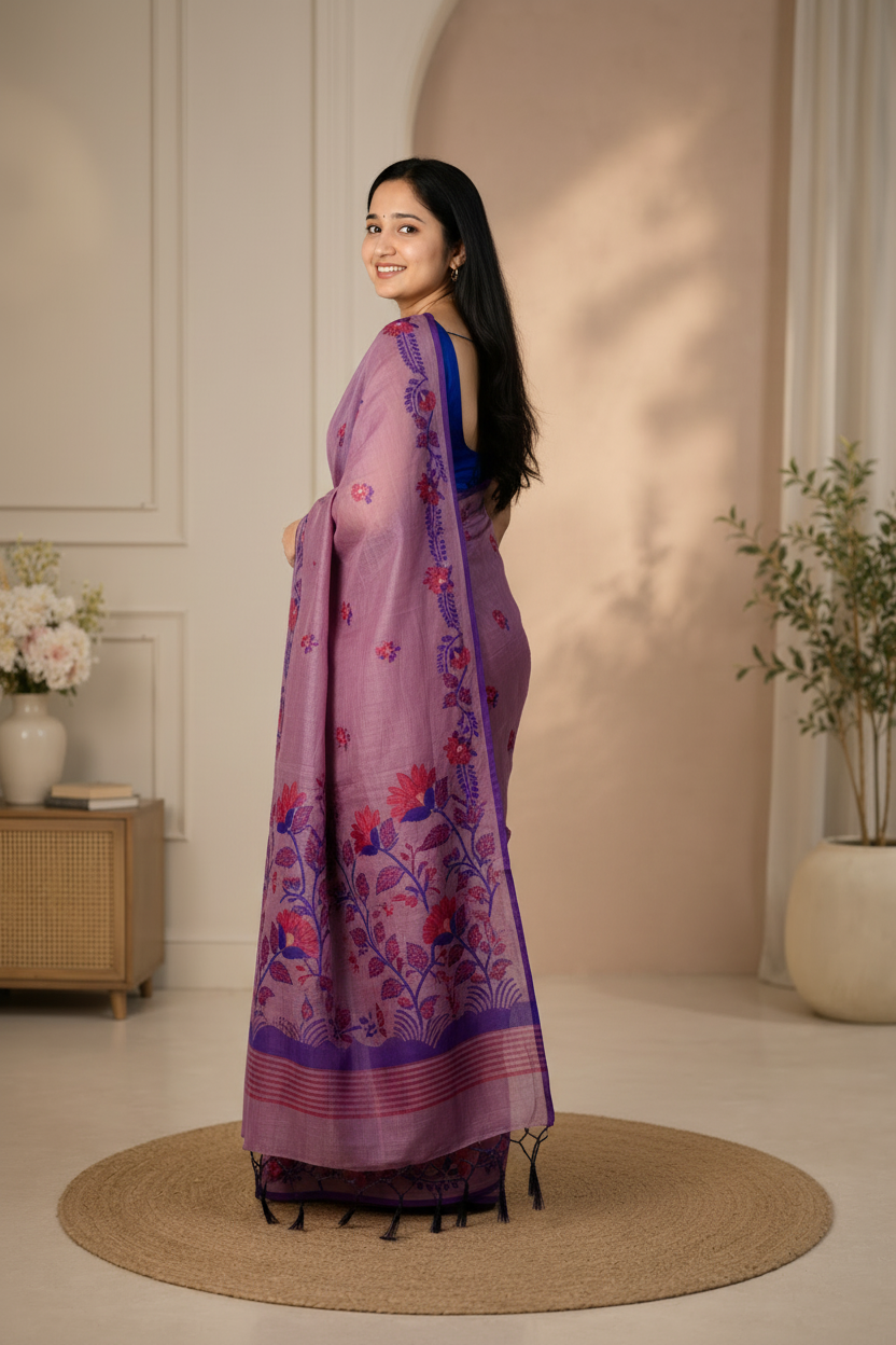 Woman wearing a purple saree with floral patterns in a well-lit room.
