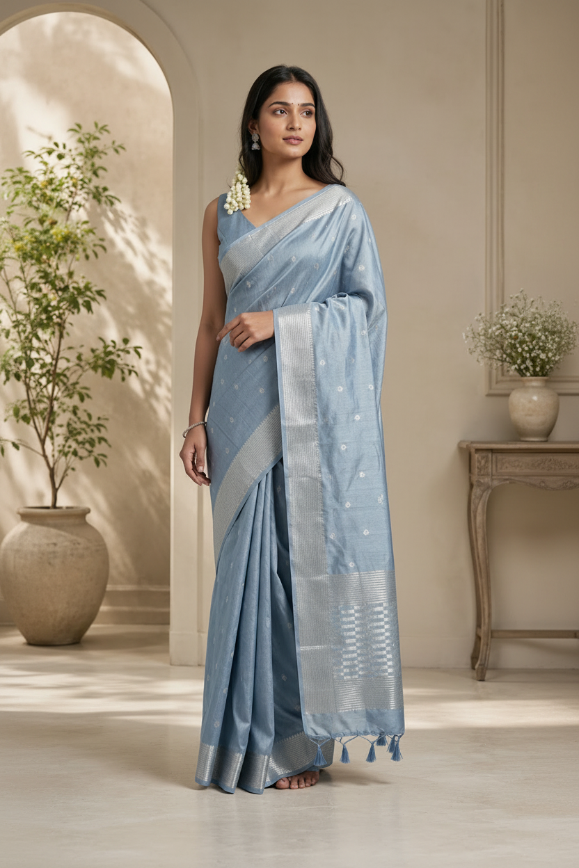 Woman wearing a light blue saree with a white blouse in an indoor setting.