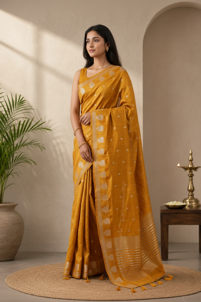 Woman in a mustard yellow saree standing in a well-lit room with a plant and small table in the background.