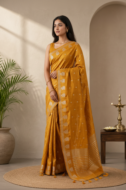 Woman in a mustard yellow saree standing in a well-lit room with a plant and small table in the background.