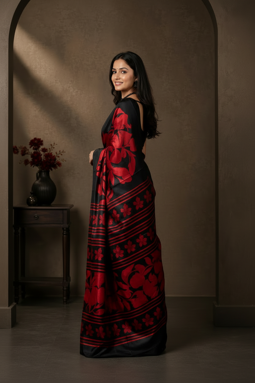 A woman models a black and red patterned silk saree in a dimly lit, elegant room with an arched doorway and a side table with a vase.