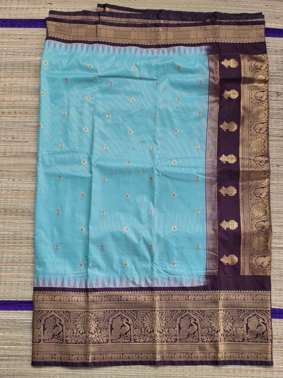 Premium Sea Green Semi Gadwal Saree | Chocolate Brown Pallu & Border