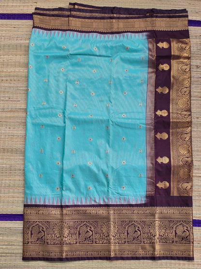 Premium Sea Green Semi Gadwal Saree | Chocolate Brown Pallu & Border