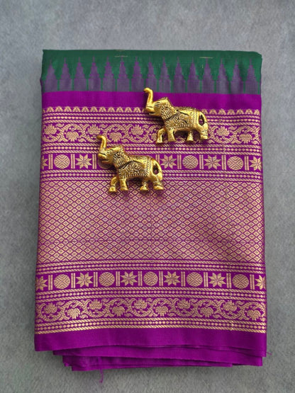 Premium Semi Gadwal Saree in Bottle Green & Magenta Purple