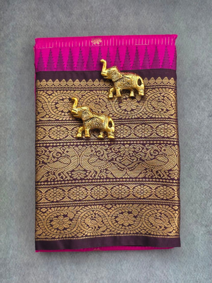 Premium Semi Gadwal Saree in Rani Pink & Dark Brown