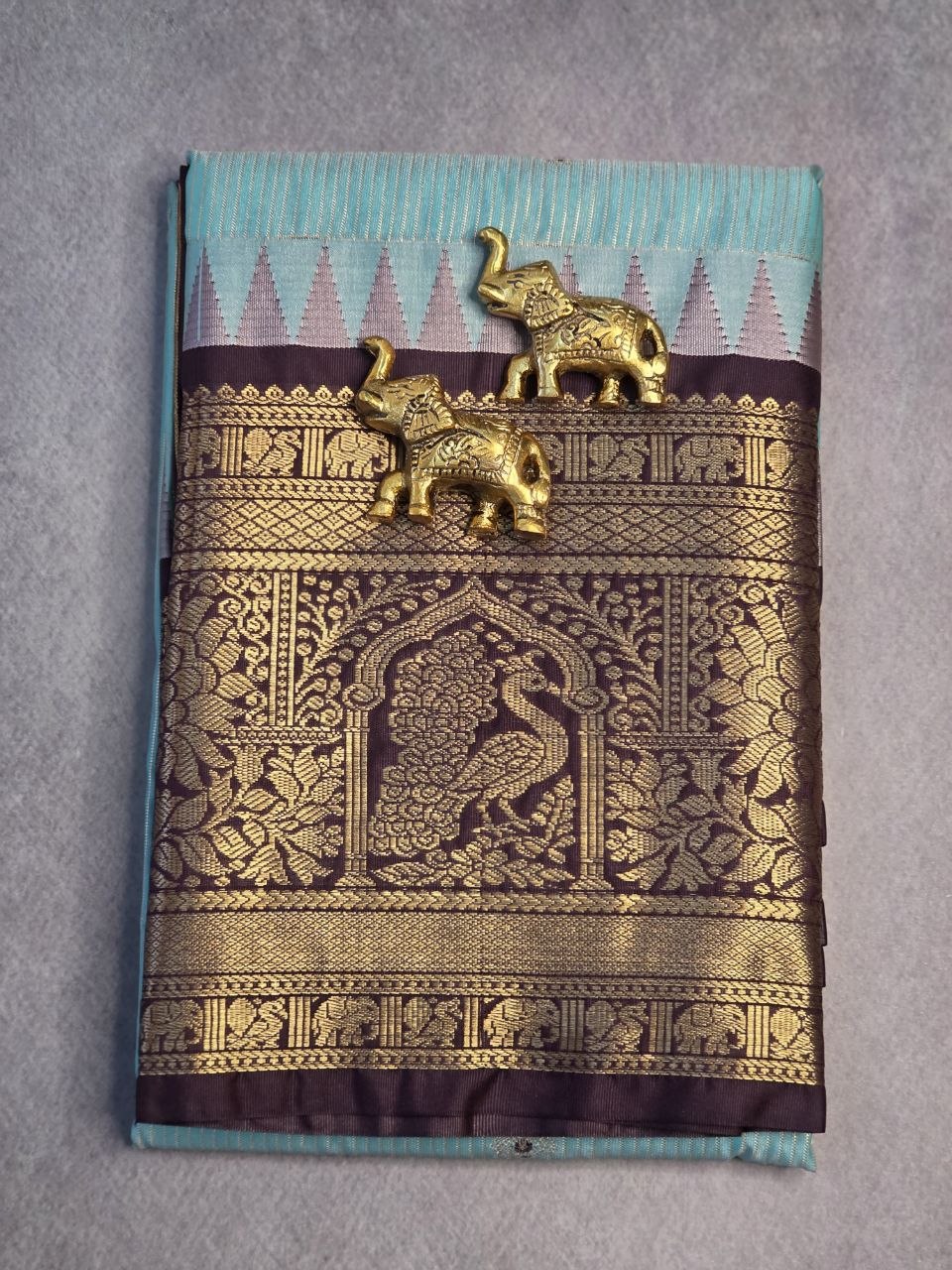 Premium Semi Gadwal Saree in Sea Green & Chocolate Brown