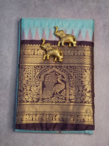Premium Semi Gadwal Saree in Sea Green & Chocolate Brown