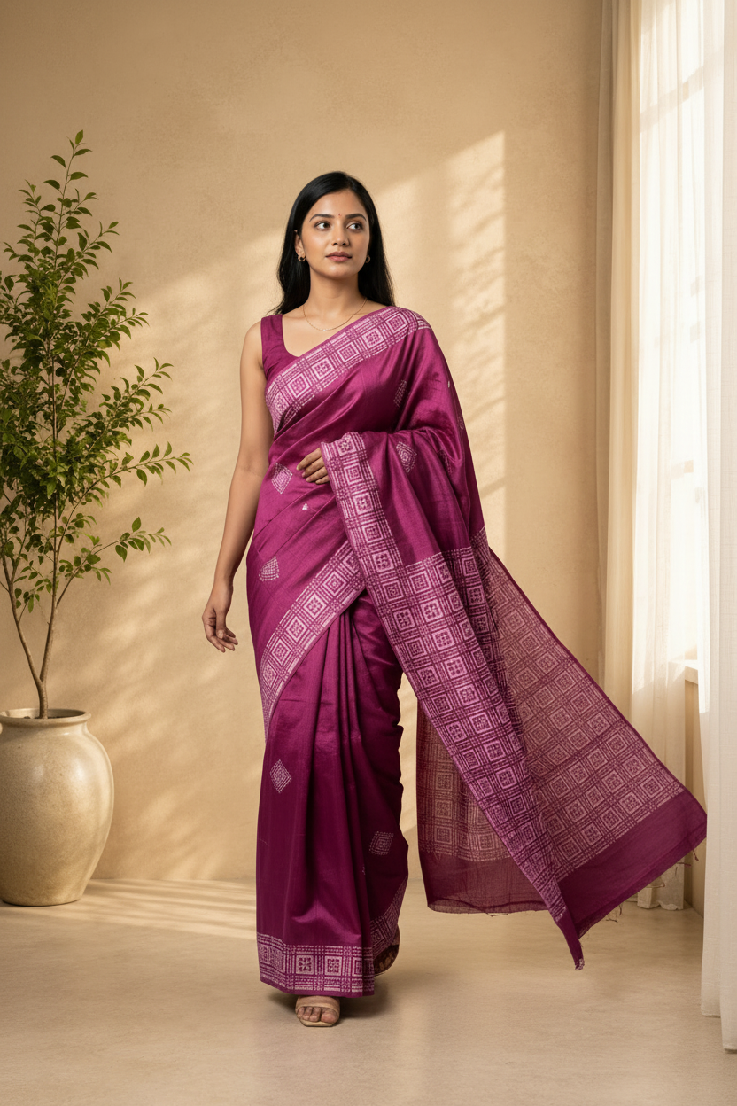 Woman wearing a purple saree with white patterns in a room with a plant and window.