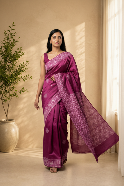 Woman wearing a purple saree with white patterns in a room with a plant and window.