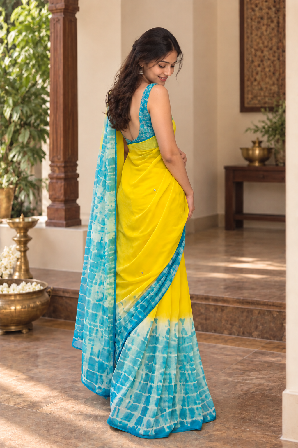 Printed Chiffon Saree with Shibori Design, Foil Mirror Work & Blouse Piece