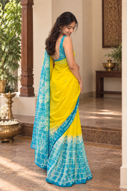 Printed Chiffon Saree with Shibori Design, Foil Mirror Work & Blouse Piece