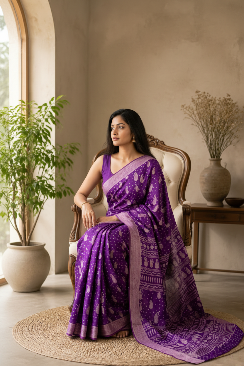 Woman in a purple saree sitting in a room with plants and a vase.