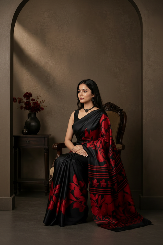 A woman models a black and red patterned silk saree in a dimly lit, elegant room with an arched doorway and a side table with a vase.