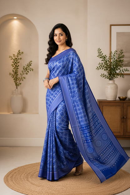 Woman in a blue saree standing in a room with plants and a cabinet.
