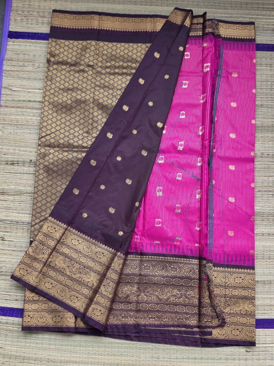 Regal Contrast Premium Semi Gadwal Saree | Rani Pink with Dark Brown