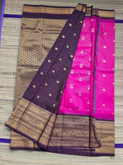 Regal Contrast Premium Semi Gadwal Saree | Rani Pink with Dark Brown