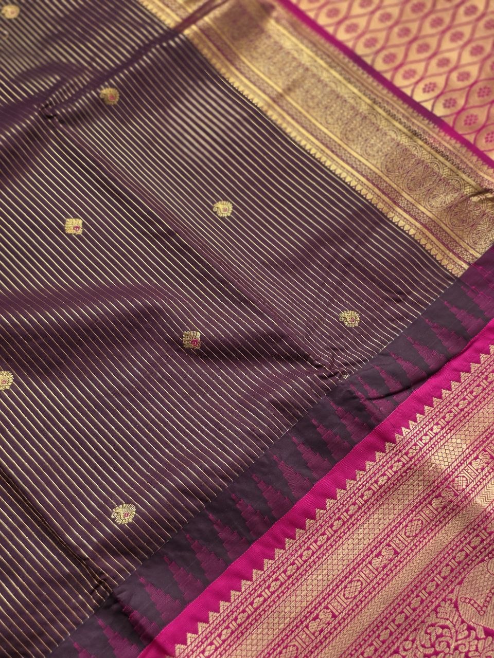Regal Earth Tones Premium Semi Gadwal Saree with Pink Accents