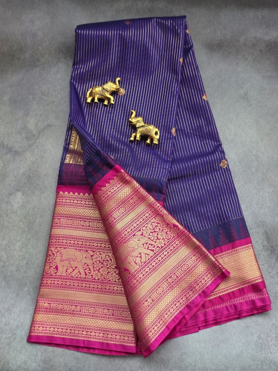 Regal Heritage Premium Semi Gadwal Saree – Navy Blue & Rani Pink