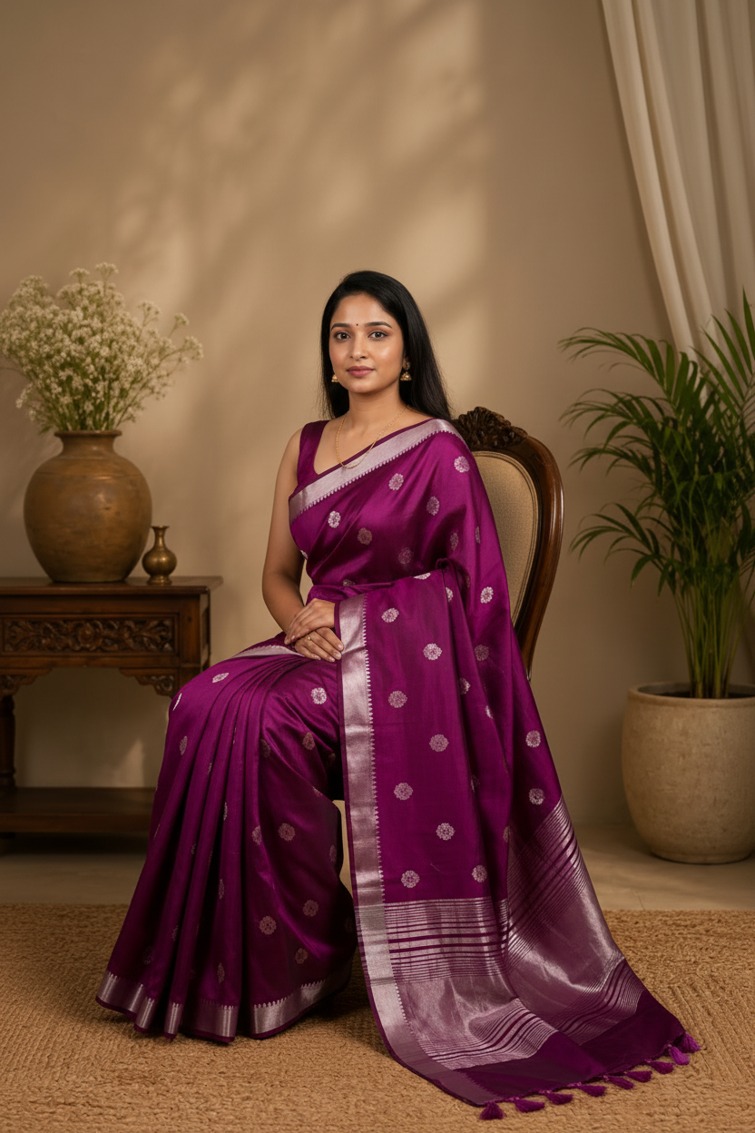 Woman in a wine saree sitting indoors with plants and a vase in the background