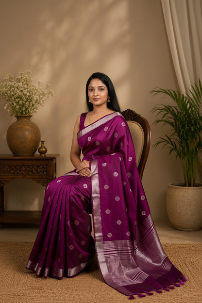 Woman in a wine saree sitting indoors with plants and a vase in the background