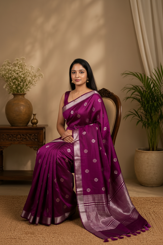 Woman in a wine saree sitting indoors with plants and a vase in the background