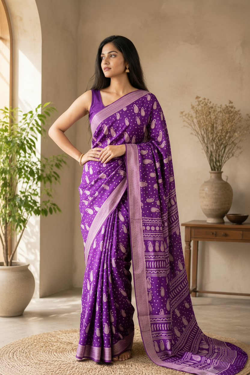 Woman wearing a purple saree with a pattern in a room with a plant and table.
