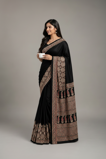 Woman wearing a black saree with intricate patterns on a plain background