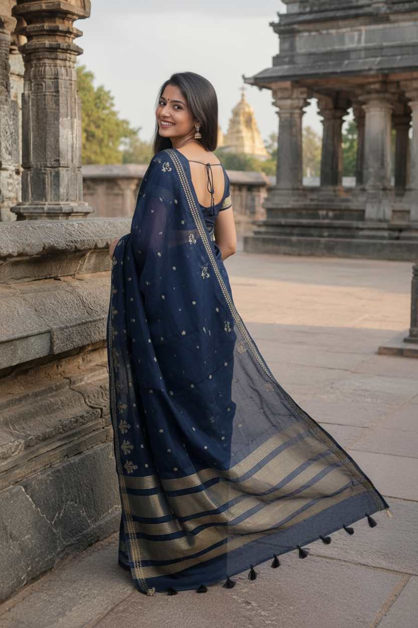 Woman in a blue saree standing in front of stone architectural structures.