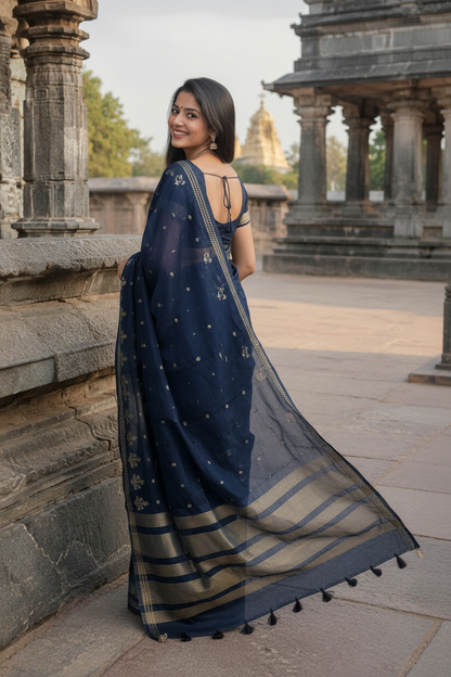 Woman in a blue saree standing in front of stone architectural structures.