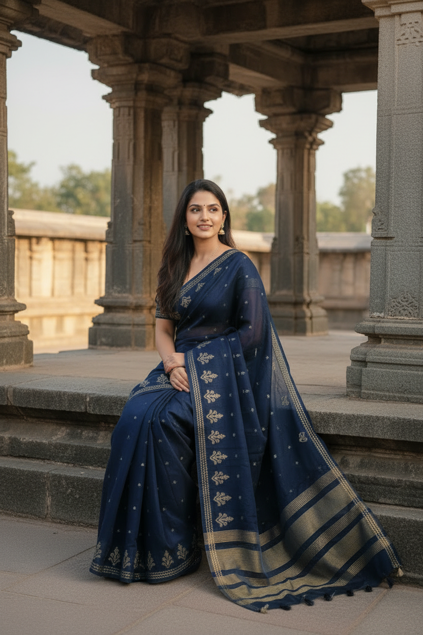 Woman in a blue saree standing in front of an ancient temple.