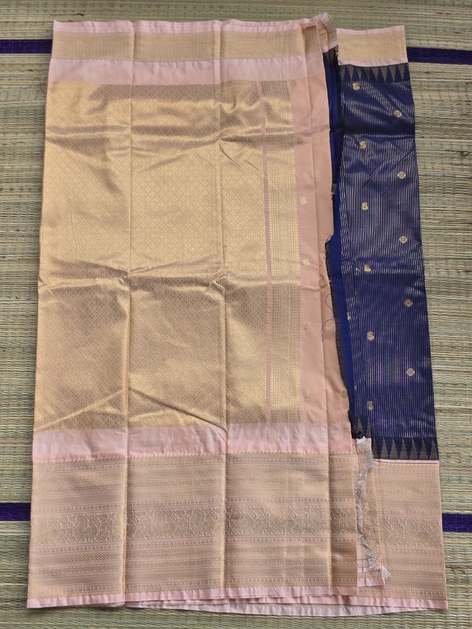 Royal Blue & Peach Contrast Premium Semi Gadwal Saree