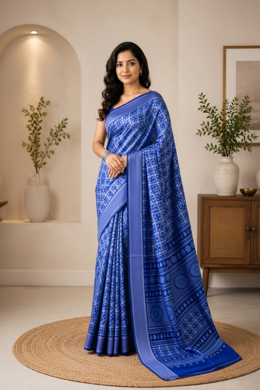 Woman wearing a blue saree in an indoor setting with plants and a cabinet.