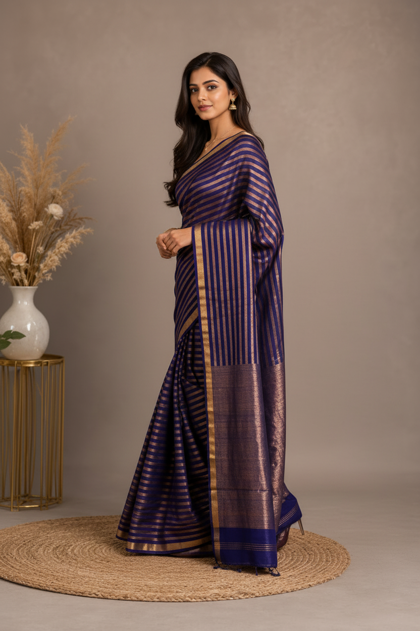 Woman wearing a blue and gold saree with a neutral background