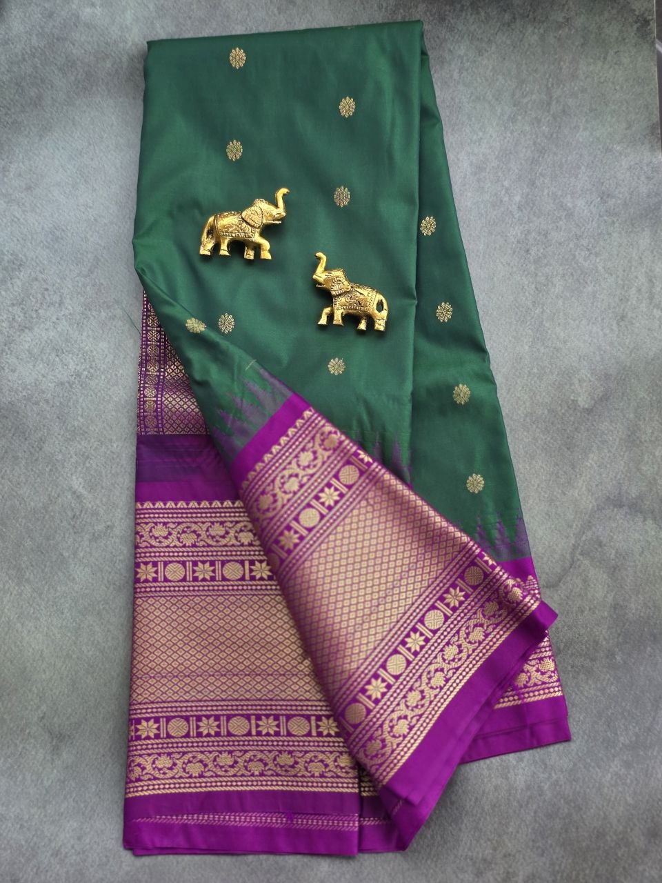 Royal Bottle Green Premium Semi Gadwal Saree with Magenta Purple Border