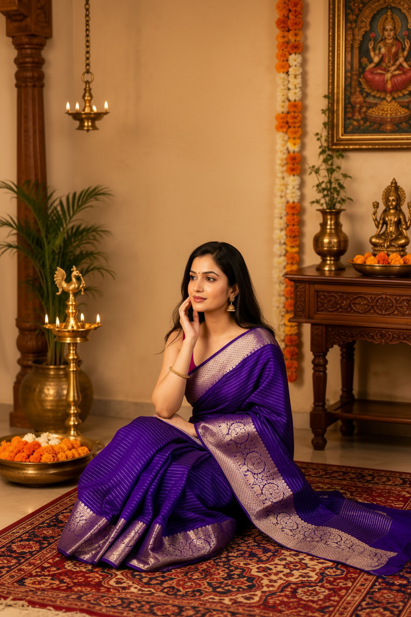 Woman in a purple saree sitting in a decorated room with religious statues and decorations.