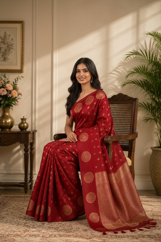 Woman in a red saree with gold patterns sitting on a chair in a well-lit room.