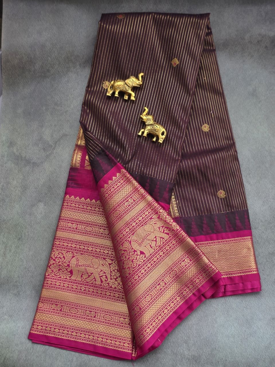 Royal Heritage Semi Gadwal Saree in Deep Snuff Brown & Pink