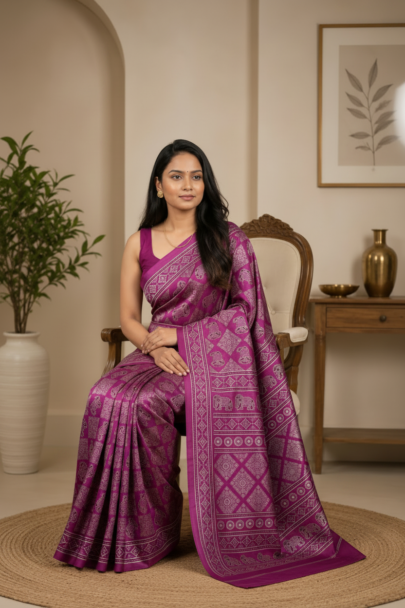 Woman in a purple saree sitting on a chair in a room with decor elements.
