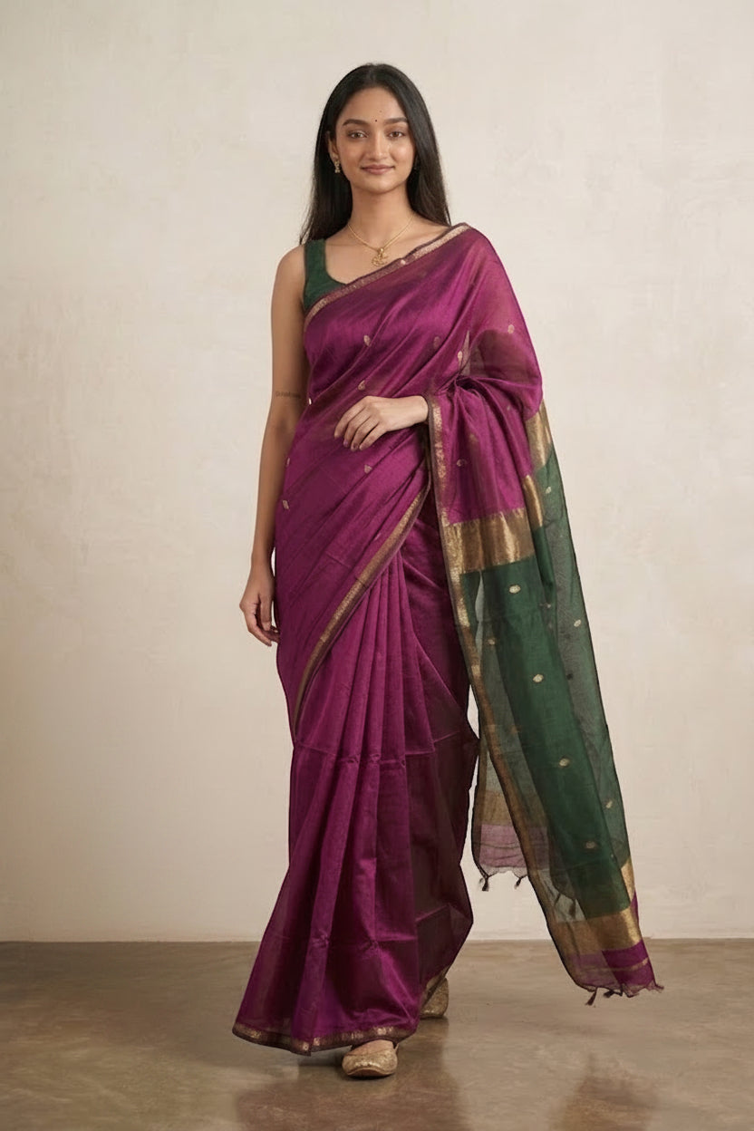 Woman wearing a purple and green saree with a plant in the background